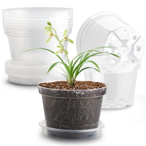RooTrimmer 12 Pack 8 Inch Clear Plant Pots with Saucers, Transparent Plastic Nursery Pots with Drainage Hole, Sturdy Garden Planter Pots, Planting Starter Pots for Indoor Outdoor