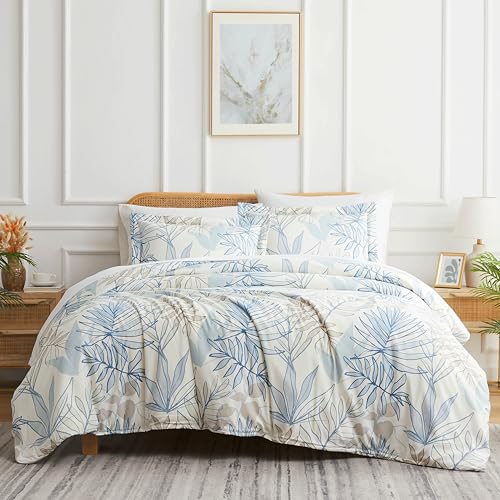 Southshore Fine Living, Inc. Tropic Leaf Collection Oversized Duvet Cover Queen Bedding Set, Printed Duvet Cover Set 3-Piece with Two Matching Shams, Blue, Full/Queen