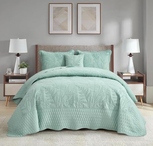 DaisyHuang Botanical Bedspread Full Size - Leaves Pattern Stitching Quilt Set - Elegant & Fresh Style Bedding Coverlets, Reversible, Lightweight, 5 Piece, Seaglass