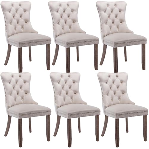 Merax Dining Chairs Set of 6, Modern Upholstered Seating for Kitchen, Featuring Solid Wood Legs, Riveted Trim, Chrome Knocker Ring, High-end Tufted Design, Soft Velvet Upholstery, Beige