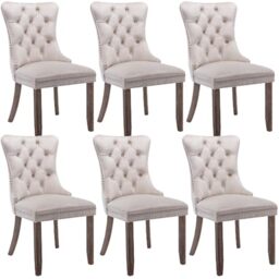 Merax Dining Chairs Set of 6, Modern Upholstered Seating for Kitchen, Featuring Solid Wood Legs, Riveted Trim, Chrome Knocker Ring, High-end Tufted Design, Soft Velvet Upholstery, Beige