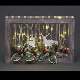 Wooden Christmas Reindeer Scene Tabletop Centrepiece Frame 38x25cm - Rectangle Shape, Battery Operated with Micro Rice LEDs and Festive Decorations - Room Wall Table Home Xmas Decorative Gift