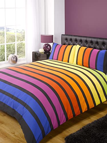 Rapport Home Striped Rainbow Duvet Cover Set Double Size - Vibrant Polycotton Bedding with Pillowcases, Durable & Fade Resistant for Kids & Adults Bedroom