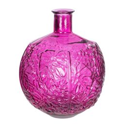 GILDE Jungle Glass Vase - Leaf Motif - Round - Shiny - Magenta - Height 44 cm x Diameter 33 cm - Waterproof Flower Vase