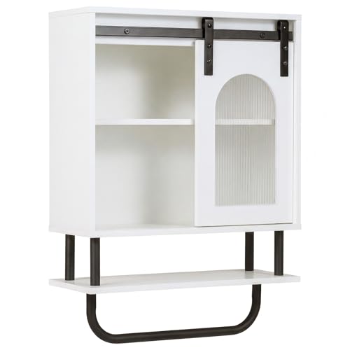 RELAX4LIFE Wall Mounted Bathroom Cabinet, Over The Toilet Storage with Sliding Fluted Door, Open Shelves and Metal Hanging Rod, Wooden Cupboard and Organizer Unit for Living Room (White)