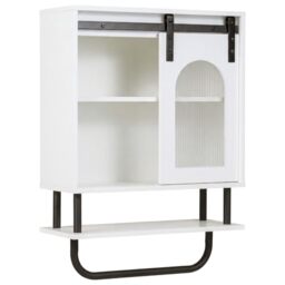 RELAX4LIFE Wall Mounted Bathroom Cabinet, Over The Toilet Storage with Sliding Fluted Door, Open Shelves and Metal Hanging Rod, Wooden Cupboard and Organizer Unit for Living Room (White)
