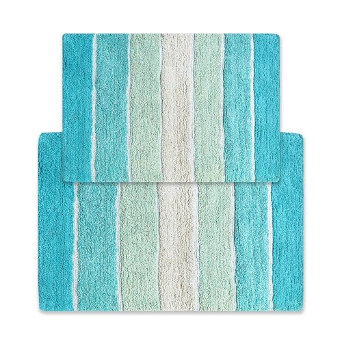 Chardin home Cordural Stripes Bath Mat, Set of 2 Bath Rugs (17 Inches x24 Inches & 21 Inches x34 Inches) - Non Slip Bathroom Rug, Machine Washable, Plush, Highly Absorbent - Aqua Turquoise Ombre