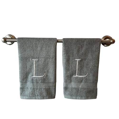 Gray with Silver Monogrammed Hand Towels for Bathroom - Set of 2 Letter L - Luxury Hotel Quality Initial Towels For Powder Room, Spa, GOTS Organic Certified