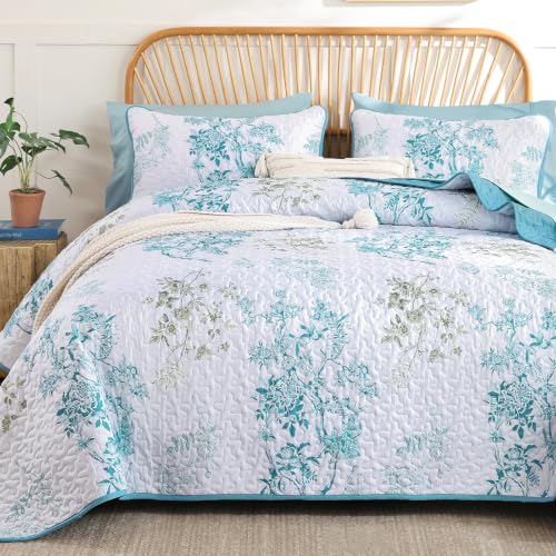 "WONGS BEDDING Teal Floral Quilt Set King,Botanical Leaf & Butterfly Pattern Bedspread Coverlet Set,Soft Beautiful Farmhouse Plants Quilts Bedding Set for All Seasons(104""??90"")"