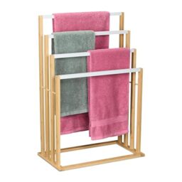 Relaxdays Towel Rail, 4 Bars & Shelf, Bamboo & Metal, HWD: 82 x 55 x 31 cm, Free-Standing Drying, Shower Rack, Natural