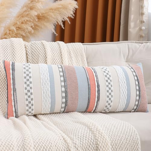 Tosleo Boho Lumbar Throw Pillow Cover 14x36 Long Body Lumbar Decorative Pillow Case Accent Chenille Striped Pillowcase Farmhouse Cushion Case Nuetral Textured Pillow Cover Orange and Blue (1 Piece)