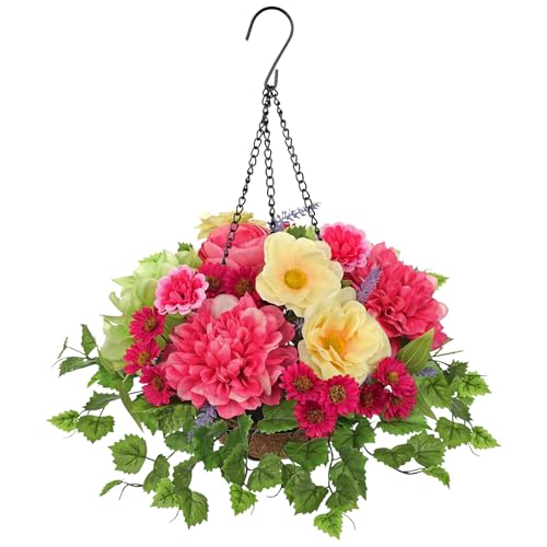 Briful Artificial Hanging Basket Flowers with Chain Hook, Fake Hanging Flowers with Silk Roses & Daisies, Faux Flowers Hanging Decor for Outdoor Porch Patio Garden Balcony