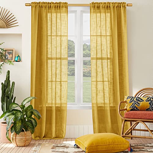 SHINELAND Retro Curtains 96 Inch Long Mid-Century Modern Light Filtering Semi Sheer Window Panel Curtains Set of 2, Gold Mustard Yellow