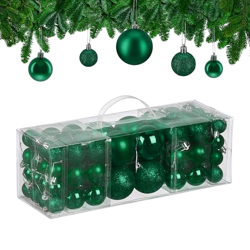 Relaxdays Christmas Baubles, Set of 76, Tree Ornaments, Holiday Decorations, Plastic, Glittery, Matte, Shiny, Dark Green