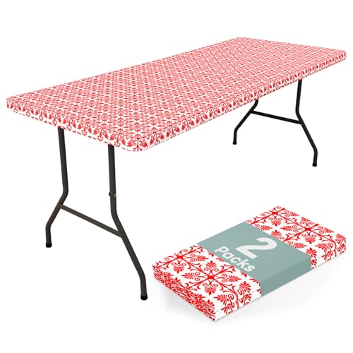 "misaya 2 Pack 6 Foot Rectangle Picnic Tablecloth, Elastic Fitted Waterproof Table Cover, Windproof Washable Polyester Table Cloth for Camping, Indoor and Outdoor???Red, 30""x 72"""