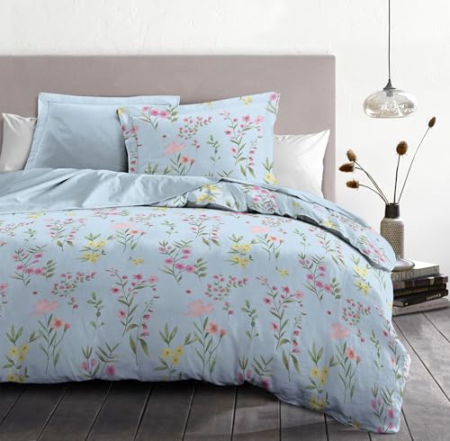 Duvet Cover Set 200 x 200 cm – 3 Pieces – Soft Cotton Percale – Duvet Cover + Pillowcases – Pastel Blue – Flamboyante Model