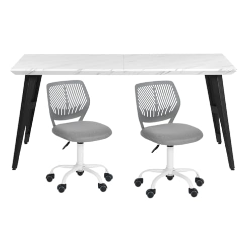 FurnitureR Office Desk Chair Set 150cm Rectangular Desk Fabric Seat Ergonomic Study 2pcs Chair without Armrest, Adjustable Height Swivel Chair for Home Office,Study Room, Gaming Room,White Grey