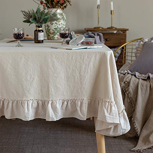 GLORY SEASON Retro Farmhouse Ruffle Tablecloth Cotton Flounces Trim Washable Table Cover Tablecloths For Rectangle Table Baby Shower Kitchen Party Wedding Decor White, 60''x84''