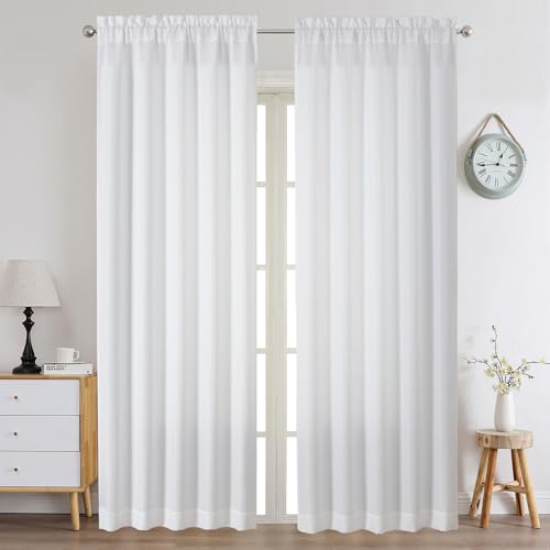 Chyhomenyc White Curtains 96 Inch Length 2 Panels Set, Faux Linen Textured Semi Light Filtering Soft Airy Farmhouse Window Curtain Drapes for Living Room Bedroom, 50Wx96L