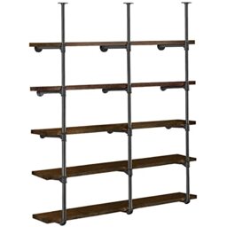 "HITOMEN Industrial Iron Pipe Shelves, 3 Set 5-Tier, 70"" Tall, 12"" Depth, DIY Open Bookshelf Bookcase, Wall Mounted Vintage Retro Shelving, Rustic Farmhouse Pantry Kitchen Storage, Black Shelf Brackets"