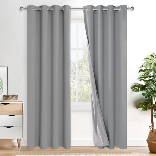 XWZO 100% Blackout Curtains with Tiebacks- 2 Thick Layers Completely Shaded Window Treatment Thermal Insulated Lined Drapes with Grommets for Bedroom/Laundry, Light Grey, W52 x L84, Set of 2 Panels