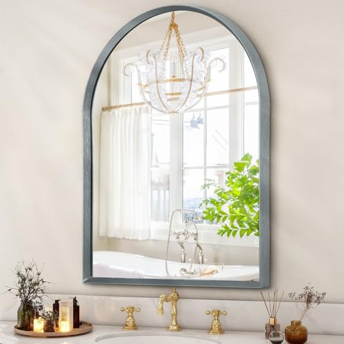 "HLFMVWE Arched Mirror, Modern Bathroom Wall Mirror Aluminum Alloy Framed Brushed Metal Vanity Wall Mounted Mirrors for Livingroom Bedroom Entryway Room 16""x12"""