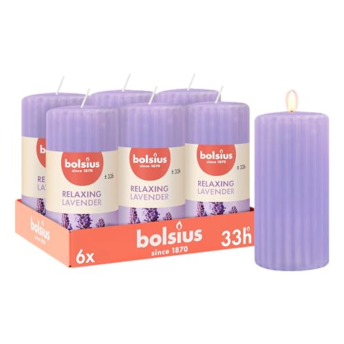 Bolsius - Scented Pillar Candles - 6 pcs - 12 cm - Ribbed - Lavender - Violet - Scented Candles - Natural Extracts - Contains Vegan Wax - Palm Oil Free