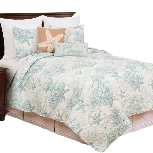 C&F Home Ocean Treasures Blue Starfish Sand Dollar Full/Queen Bed Quilt Set All Seasons Summer Seashell Coral Beach House Reversible Lightweight Coverlet Comforter Nautical Bedroom Bedding Decor