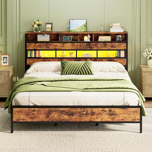 IRONCK Super King Bed Frame with LED Lights, 6ft Metal Bed with Storage Headboard, Super King Bed with Charging Station (2AC/USB/USB-C), 3-Tier Storage Shelves and Underbed Space, Home, 180x200cm