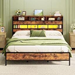 IRONCK Super King Bed Frame with LED Lights, 6ft Metal Bed with Storage Headboard, Super King Bed with Charging Station (2AC/USB/USB-C), 3-Tier Storage Shelves and Underbed Space, Home, 180x200cm