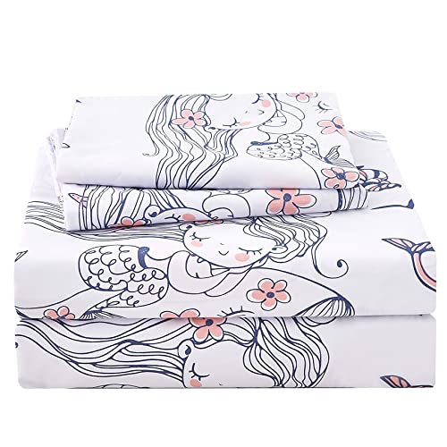 JSD Mermaid Girls Sheet Set Twin Size, 3 Piece Ocean Theme Microfiber Kids Bed Sheets Deep Pocket