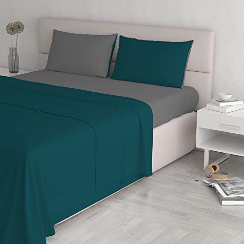 Italian Bed Linen Natural Colour Bed Sheet Set, Petrol Green/Smoky Gray, Double
