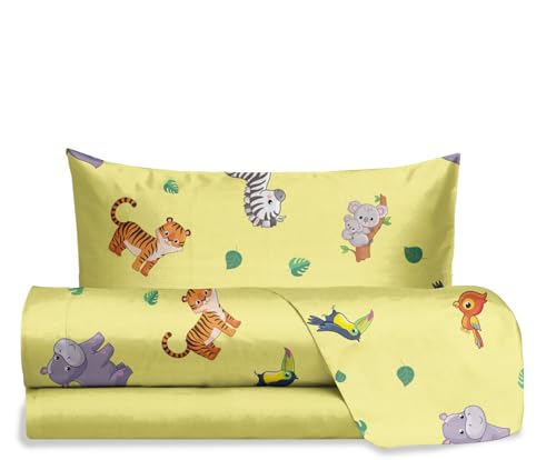 hermet Jolly Jungle Single Bed Sheet Set, 100% Cotton, Top Sheet + Fitted Sheet + Pillowcase, Bedding Set with Nursery Design