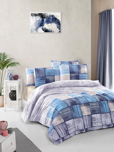 Nuit Des R??ves Ranforce King Duvet Cover Set (200 x 220 cm) 100% Cotton 145 Thread Count Blue & Beige - Machine Washable Envelope Closure with Button Placket