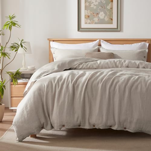 TOSMO 100% Linen Duvet Cover Set with Button Closure, 3 Pieces (1 Duvet Cover with 2 Pillowcases), Soft Breathable Durable Farmhouse Bedding - Queen, Natural Linen