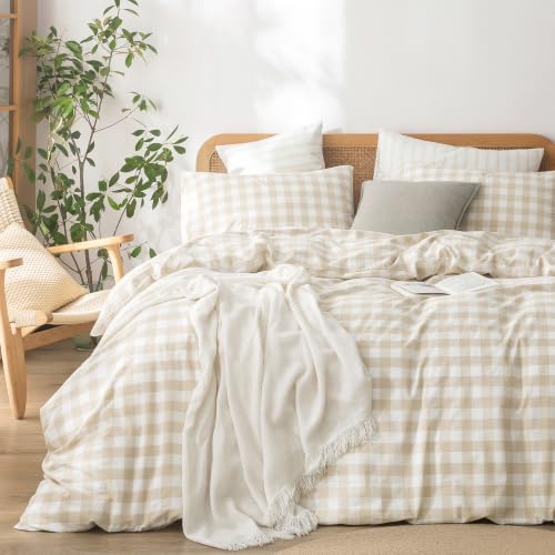 BESTOUCH Cotton Gingham Duvet Cover Set Linen Feel Almond Grey King - Washed Cotton, Linen Feel, Soft Wrinkle Texture, Hidden Zipper, 8 Ties, Breathable Lightweight Durable Comfy, 3 Pcs No Insert