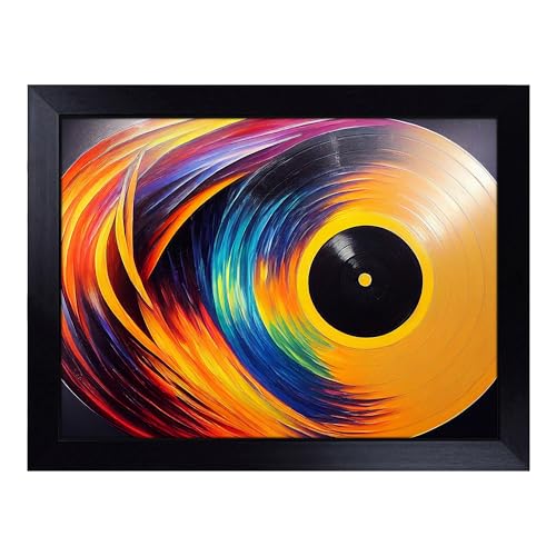 Lap Tray with Bean Bag Cushion, Golden Vinyl Record Art Abstract - Handmade in the UK, Raised Wooden Edge, Padded Cushion, Heat-Resistant Wipe-Clean Surface, for Meals, Laptops and Crafts
