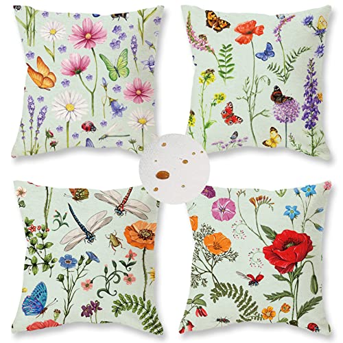 ONWAY Outdoor Waterproof Spring Summer Pillow Covers 18x18 Inch Set of 4 Floral Farmhouse Throw Pillows Green Decorative Cushion Cases for Outdoor Couch Sofa Patio Furniture Home Decoration