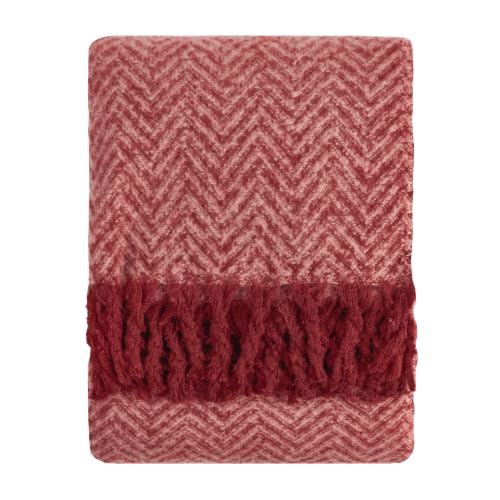 furn. Tweedie Throw (Pink/Burgundy - 130x180cm) - Brushed Herringbone Chevron Woven Fringe Soft Cosy Decorative Blanket