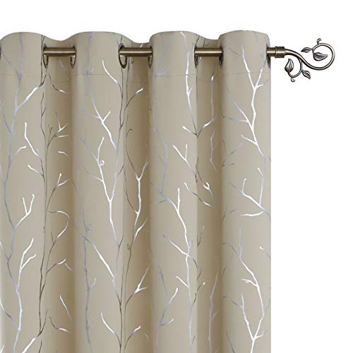 BUHUA Beige Blackout Curtains 72 Inch Lengt Long for Living Room, Room Darkening Curtains with Silver Branch Print, Grommet Thermal Insulated Window Treatment Drapes for Bedroom 2 Panels???66 x 72 Inch