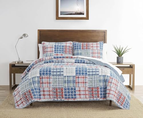 Nautica All Season Cotton Home Bedding, Lightweight & Reversible, Raeford Blue/Red/Green, Twin