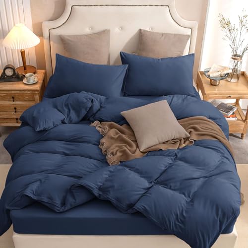 "PURE ERA Jersey Knit Duvet Cover Set 100% T-Shirt Cotton Super Soft Comfy 3pc Bedding Set with Zipper Closure (Solid Navy Blue, Queen, 90""X90"")"