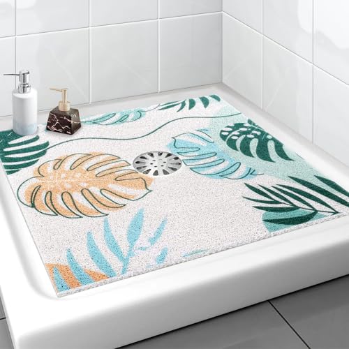 Large Square Shower Mat, Yonala 36 x 36 Inch Stylish Non Slip Shower Mats for Inside Shower with Drain Hole in Middle, Soft Trimmable PVC Loofah Anti Slip Shower Mat, Quick Drying