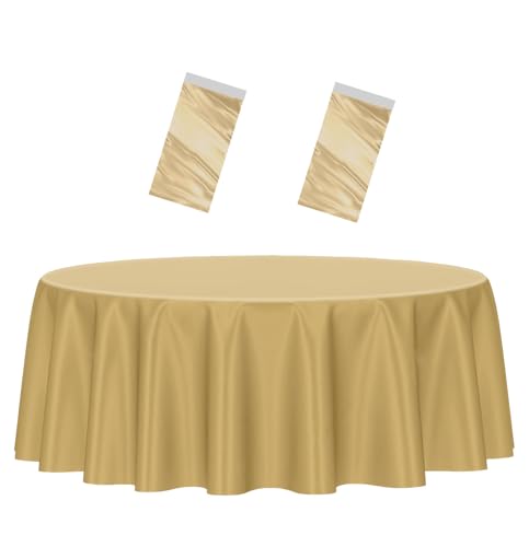 HEIPINIUYE 2 Pack Gold Tablecloth Round 84 Inch Round Plastic Table Cloth Waterproof Disposable Round Table Cover for Party Birthday Camping Picnic Baby Shower Circle Tablecloth