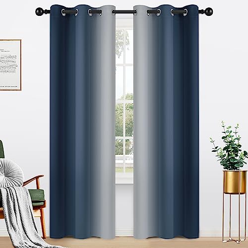 Yakamok Ombre Curtains Navy Blue and Greyish White for Living Room,42Wx84L - Room Darkening Curtains 84,Thermal Insulated Gradient Color Drape,Light Blocking Grommet Window Curtains for Bedroom,2 Panels