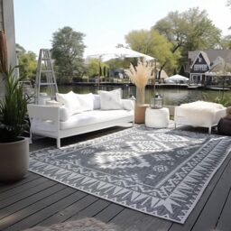 ELLE Decoration Indoor and Outdoor Rug Reversible Rug Weatherproof & Waterproof Modern Geometric Pattern Diamond Pattern Outdoor Rug for Garden, Balcony, Patio, Living Room – Silver, 80 x 150 cm