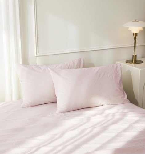 JIYUAN 100% Washed Cotton Pillowcases Set Envelope Closure Pack of 2 Comfy Simple Style Soft Breathable Textured Durable Linen Feel Bedding for All Seasons King Size,Greyish Pink