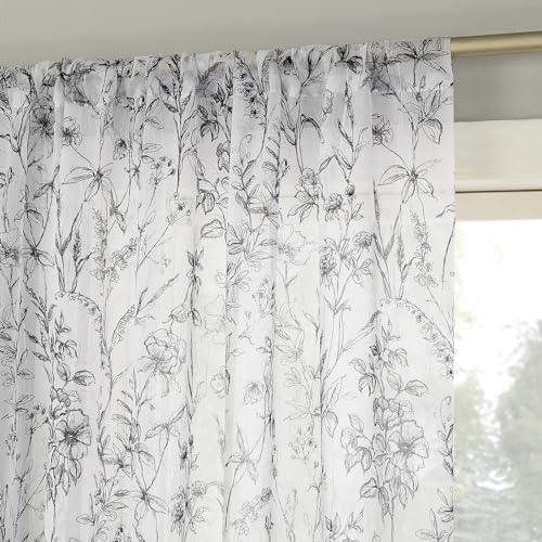 "No. 918 Ambree Vintage Floral Sheer Rod Pocket Curtain Panel, 51"" x 63"", Black/White"