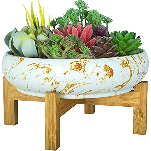 ARTKETTY Succulent Plant Pot, 25.5 CM Large Bonsai Pots with Drainage Stand, Shallow Marble Cactus Plant Pot Ceramic Pots for Indoor/Outdoor Succulent Plants Decorative Garden Flower Plant Bowl