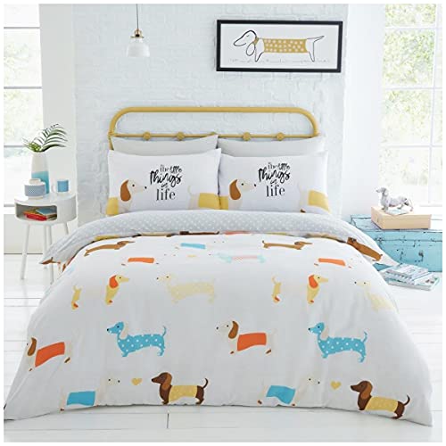 GC GAVENO CAVAILIA Dachshund Sausage Dog Duvet Cover Set, Premium Animal Printed Reversible Quilt Bedding, Polycotton, Mustard, Double